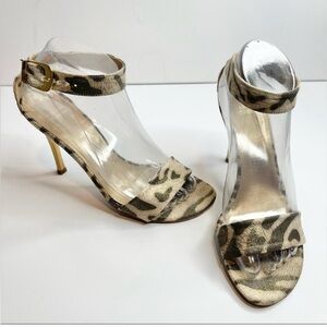 Stuart Weitzman DANIELA Golden Pantera Lame Leather Open Toe Heel Animal Print